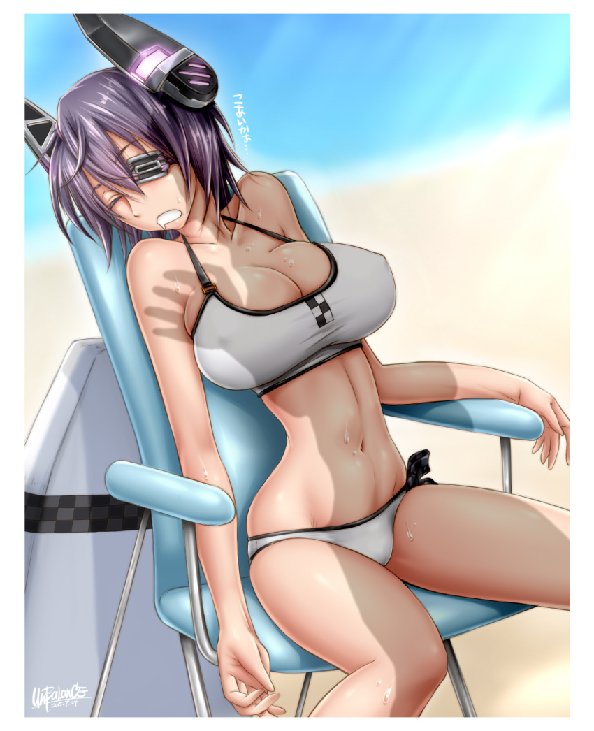 1girl beach bikini breasts cleavage closed_eyes commentary_request drooling erect_nipples eyepatch headgear highres kantai_collection large_breasts navel open_mouth purple_hair shadow short_hair sitting skindentation sleeping sweat swimsuit tenryuu_(kantai_collection) translated unbalance white_bikini