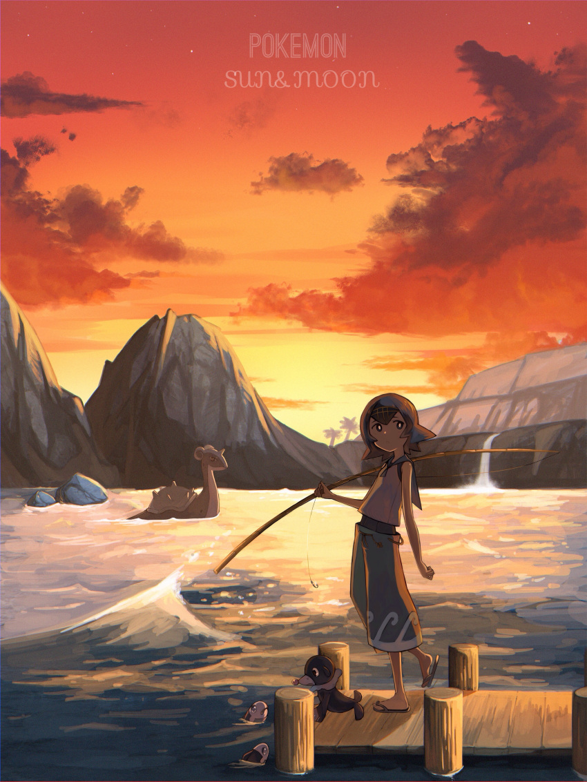 1girl absurdres bare_arms blue_eyes blue_hair bridge bright_pupils clouds cloudy_sky commentary_request copyright_name fishing_rod hairband highres hook lake lapras no_socks palm_tree pants pokemon pokemon_(creature) pokemon_(game) pokemon_sm popplio rock sandals shiba_inu_(happy13227) short_hair sky sleeveless solo suiren_(pokemon) sunset swimsuit swimsuit_under_clothes tree trial_captain water waterfall wishiwashi