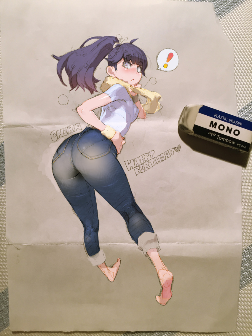 ! 1girl absurdres ass barefoot black_hair blush breasts capri_pants casual denim eraser haruchika highres homura_chika jeans long_hair looking_at_viewer namaniku_atk pants pantylines photo ponytail sketch soles solo spoken_exclamation_mark towel wristband