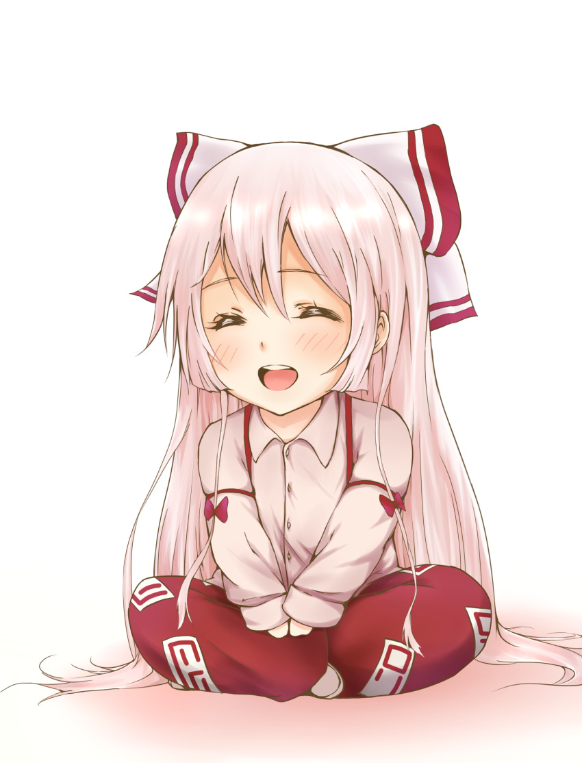 1girl blush bow chibi closed_eyes cuffs fujiwara_no_mokou hair_between_eyes hair_bow highres indian_style long_hair long_sleeves moai715 open_mouth pants red_bow red_pants shirt simple_background sitting smile suspenders touhou very_long_hair white_background white_hair white_shirt