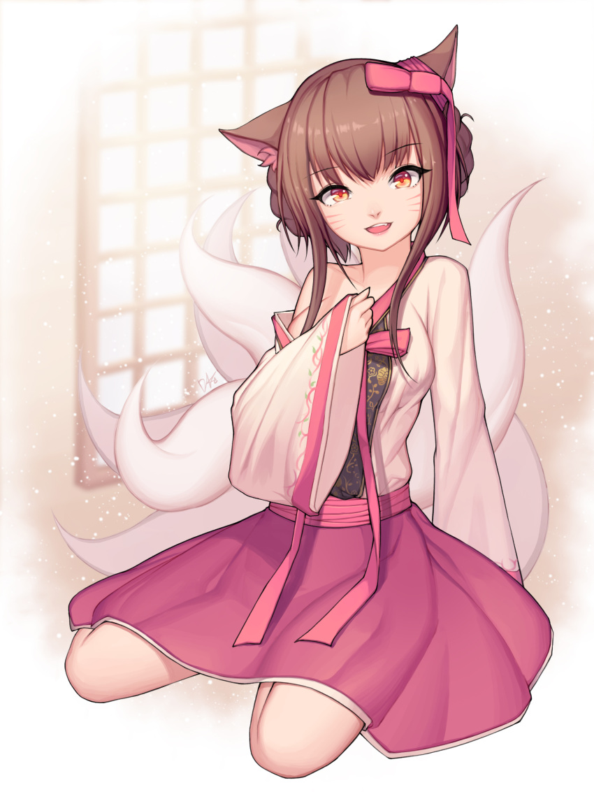 1girl absurdres ahri animal_ears breasts brown_hair cat_ears cleavage dynasty_ahri eyebrows_visible_through_hair fang highres large_breasts league_of_legends lee_seok_ho long_sleeves looking_at_viewer medium_hair open_mouth pink_ribbon pink_skirt ribbon sitting skirt smile solo yellow_eyes
