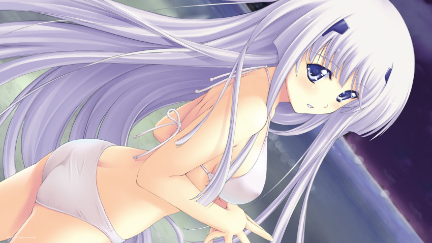 1girl ass baka_ouji_persia bikini blue_eyes breasts dutch_angle erect_nipples eyebrows_visible_through_hair floating_hair game_cg highres inia_sestina long_hair looking_at_viewer medium_breasts muvluv muvluv_alternative muvluv_total_eclipse ocean official_art outdoors parted_lips sideboob silver_hair solo standing swimsuit very_long_hair white_bikini