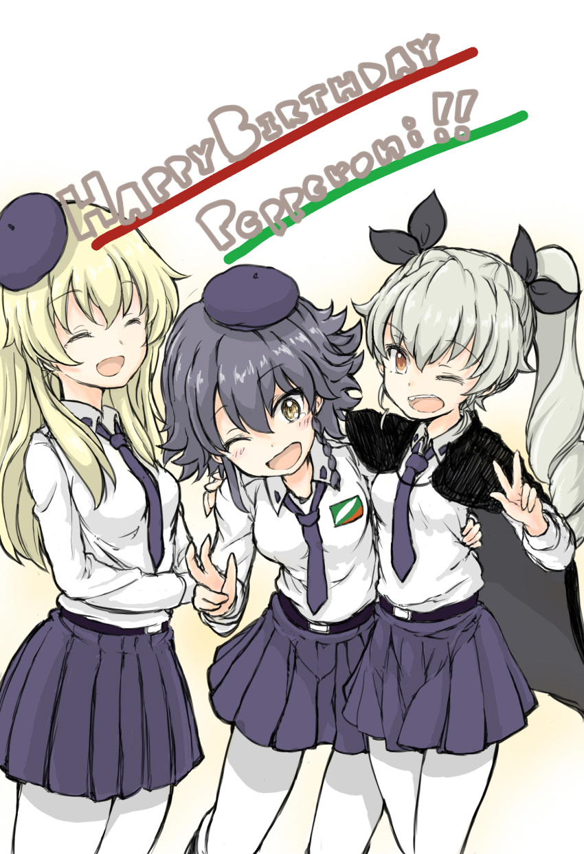 3girls anchovy anzio_school_uniform arm_around_shoulder arm_around_waist bangs belt beret black_hair black_hat black_necktie black_skirt blonde_hair brown_eyes cape carpaccio character_name cowboy_shot crossed_arms days135 dress_shirt drill_hair emblem english girls_und_panzer green_hair happy happy_birthday happy_tears hat highres long_hair long_sleeves looking_at_viewer miniskirt multiple_girls necktie one_eye_closed open_mouth pantyhose pepperoni_(girls_und_panzer) pleated_skirt school_uniform shirt short_hair simple_background skirt smile standing tearing_up tears twin_drills twintails w white_background white_legwear white_shirt