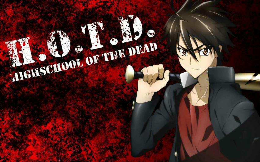 &gt;:( 1boy baseball_bat brown_eyes brown_hair highschool_of_the_dead jacket komuro_takashi looking_at_viewer short_hair solo tagme wallpaper