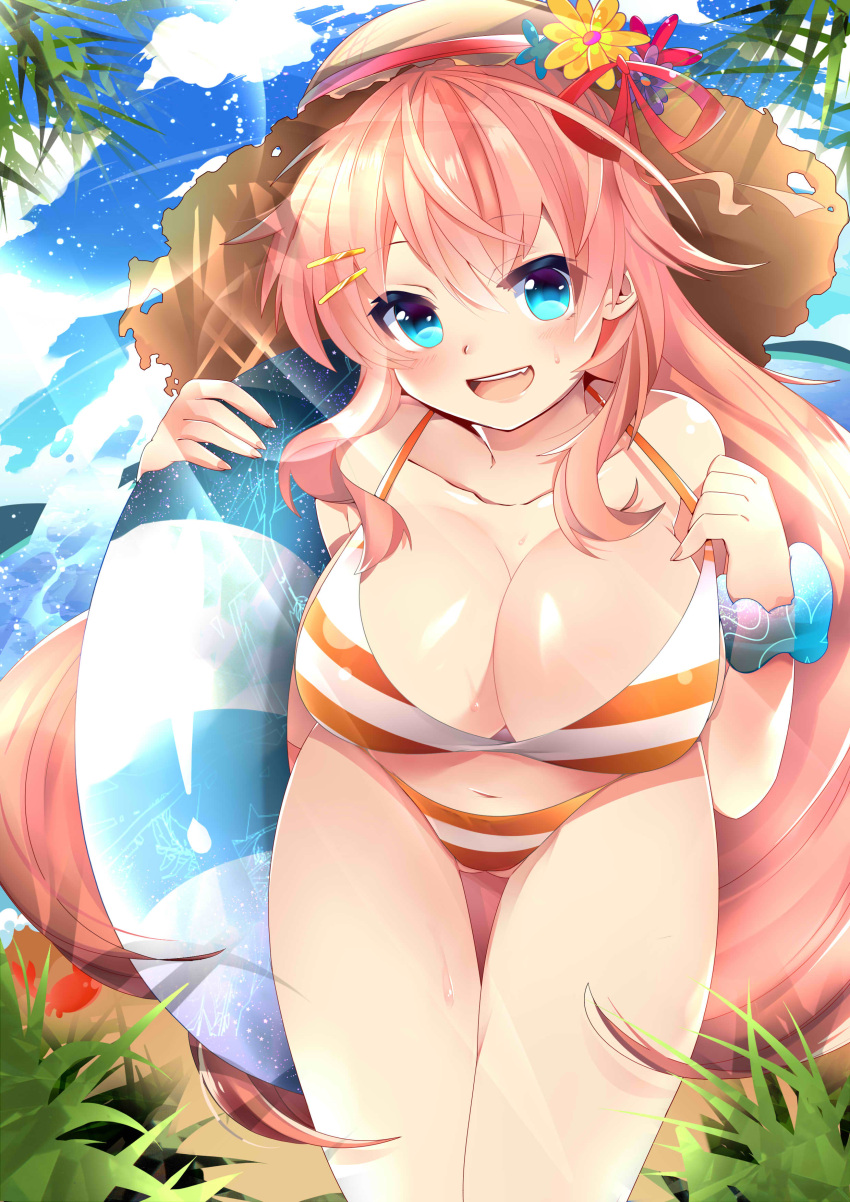 1girl absurdres bikini blue_eyes blush breasts cleavage fang hair_ornament hairclip hat highres innertube large_breasts open_mouth original pink_hair rotte_(1109) striped striped_bikini striped_swimsuit sun_hat swimsuit