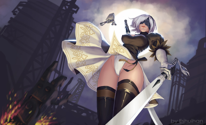 1girl arm_at_side artist_name bangs black_boots black_dress black_gloves black_hairband black_legwear black_ribbon blindfold boots breasts cleavage cleavage_cutout closed_mouth clouds cloudy_sky covered_eyes cowboy_shot crane dress drone eshuihan explosion floating full_moon gloves gluteal_fold groin hairband highleg highleg_leotard highres holding holding_sword holding_weapon juliet_sleeves katana large_breasts legs_together leotard light_smile lips long_sleeves machinery medium_breasts moon nier_(series) nier_automata night night_sky no_mole nose pink_lips pod_(nier_automata) puffy_sleeves ribbed_dress ribbon robot short_dress short_hair side_slit silver_hair skirt skirt_lift sky solo standing sword thigh-highs thigh_boots thigh_gap thighs upskirt vambraces weapon white_leotard wind wind_lift yorha_no._2_type_b