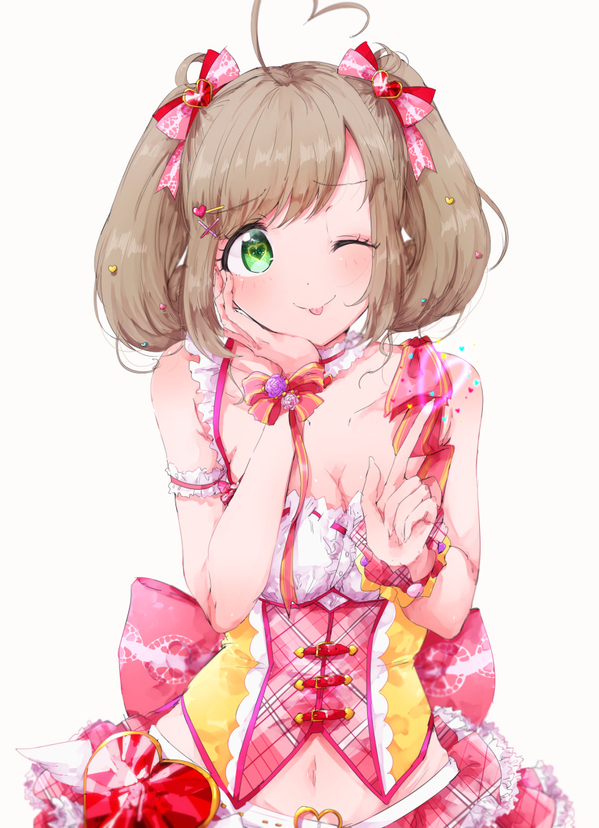 1girl absurdres ahoge armband breasts choker cleavage corset green_eyes hair_ribbon hand_on_own_chin heart heart_ahoge highres idolmaster idolmaster_cinderella_girls idolmaster_cinderella_girls_starlight_stage index_finger_raised light_brown_hair medium_breasts najuco_(naju0517) navel one_eye_closed ribbon satou_shin smile solo tongue tongue_out twintails upper_body wrist_cuffs