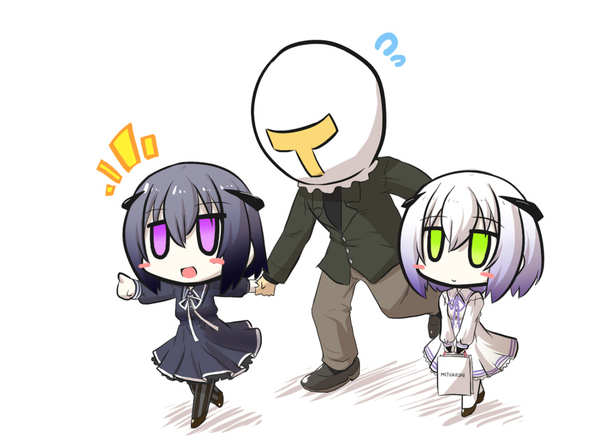 1boy 2girls abyssal_twin_hime_(black) abyssal_twin_hime_(white) bag black_dress black_hair blush_stickers bow carrying_bag chibi comic commentary_request cosplay dress flying_sweatdrops gomasamune gradient_hair green_eyes hand_holding highres horns jacket kantai_collection long_sleeves mitsukoshi_(department_store) multicolored_hair multiple_girls pants pantyhose pointing purple_hair shoes shopping_bag short_hair sin_sack sin_sack_(cosplay) sweatdrop t-head_admiral translation_request v_arms violet_eyes white_background white_dress white_hair