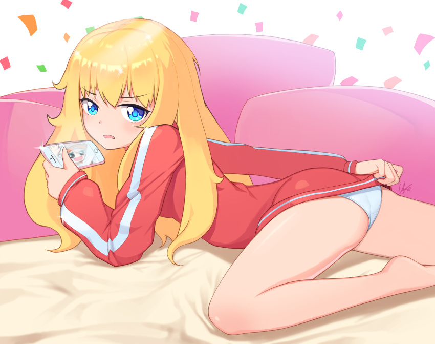 1girl absurdres ass blonde_hair blue_eyes cellphone company_connection confetti covering covering_ass doma_umaru douga_koubou eyebrows_visible_through_hair gabriel_dropout highres himouto!_umaru-chan lee_seok_ho long_sleeves looking_at_viewer medium_hair no_pants panties phone phone_screen signature smartphone solo tenma_gabriel_white trait_connection underwear white_panties