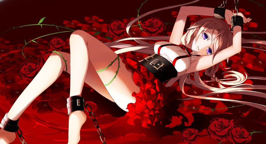 1girl armpits arms_up barefoot chains ia_(vocaloid) layered_skirt long_hair looking_at_viewer lying on_back parted_lips pink_hair red_flower red_skirt restrained shirt skirt sleeveless sleeveless_shirt solo suspender_skirt suspenders very_long_hair violet_eyes vocaloid white_shirt yuuki_kira
