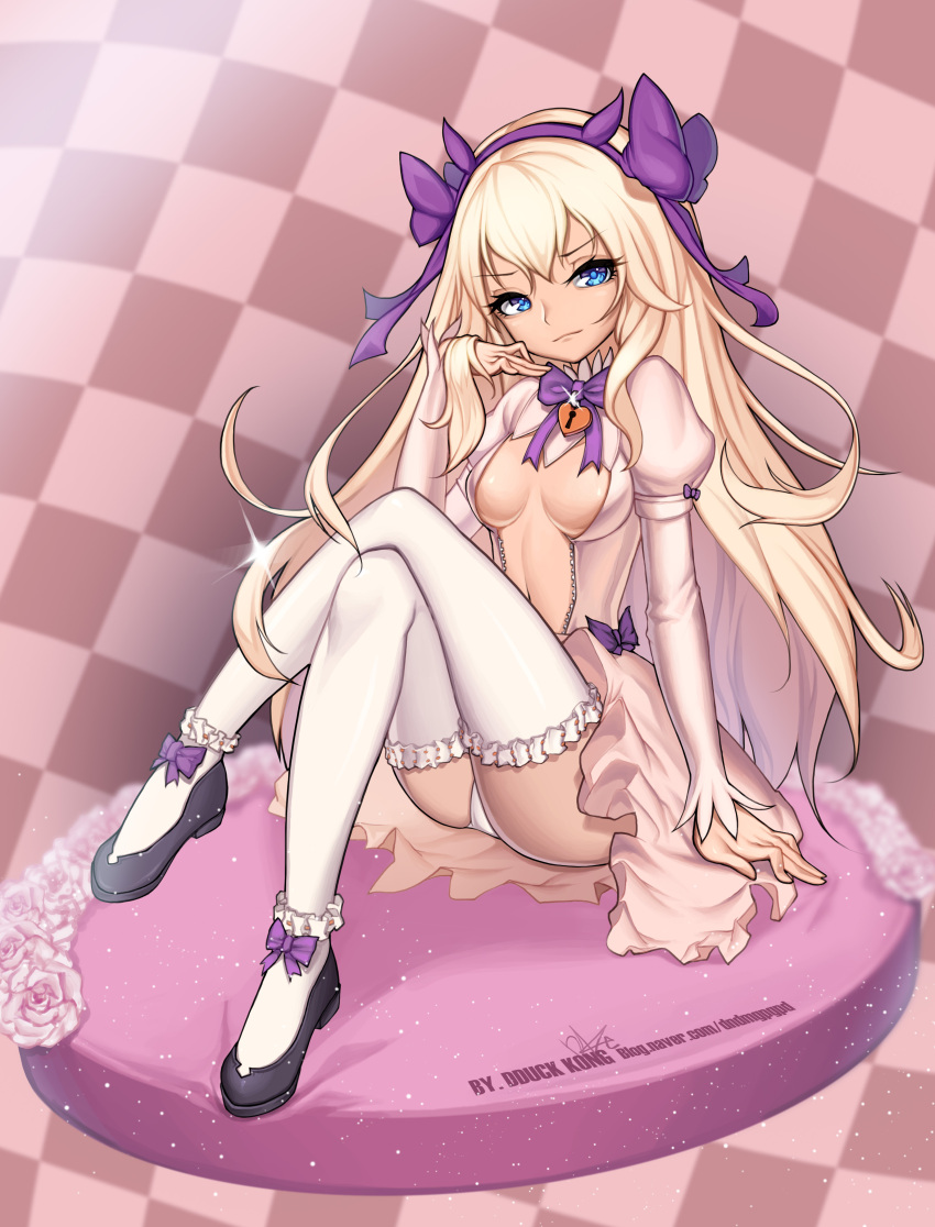 1girl absurdres artemis_(destiny_child) blonde_hair blue_eyes bow breasts cleavage destiny_child eyebrows_visible_through_hair headband heart-shaped_lock highres lee_seok_ho long_hair long_sleeves looking_at_viewer medium_breasts panties purple_bow signature solo thigh-highs underwear white_legwear white_panties