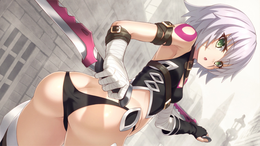 1girl arm_belt arm_strap ass assassin_of_black bandage bandaged_hands bare_shoulders black_panties breasts building butt_crack cowboy_shot dual_wielding fate/apocrypha fate/grand_order fate_(series) fingerless_gloves from_below gloves green_eyes grey_hair groin highres holding holding_knife holding_weapon house kaina_(tsubasakuronikuru) knife looking_at_viewer looking_back lowleg lowleg_panties outdoors panties scar scar_across_eye scar_on_cheek short_hair single_fingerless_glove small_breasts solo strap tattoo thigh-highs thighs twisted_torso underwear weapon