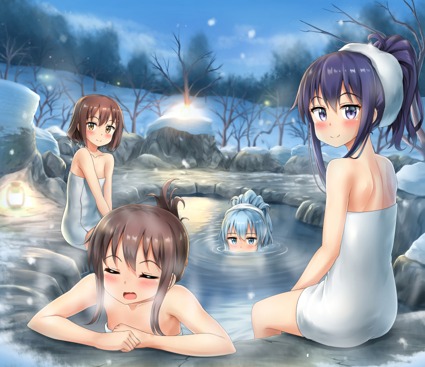 4girls absurdres akatsuki_(kantai_collection) blue_eyes breasts brown_eyes brown_hair closed_eyes commentary_request folded_ponytail hair_between_eyes hair_ornament hairclip hibiki_(kantai_collection) highres ikazuchi_(kantai_collection) inazuma_(kantai_collection) kantai_collection long_hair looking_at_viewer messy_hair multiple_girls naked_towel nedia_r open_mouth outdoors partially_submerged purple_hair short_hair silver_hair sitting small_breasts smile snow snowing towel violet_eyes
