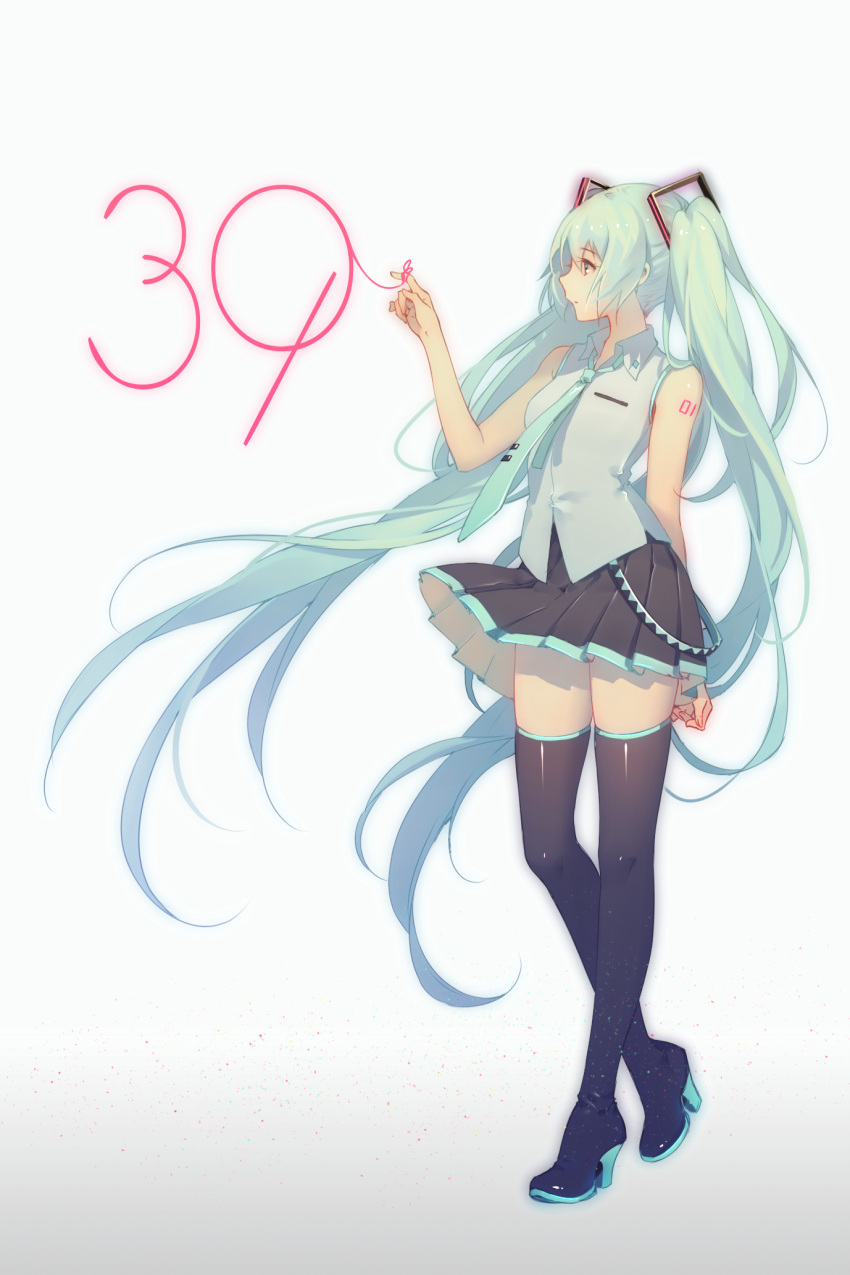 1girl 39 aqua_eyes aqua_hair aqua_necktie arm_tattoo bare_shoulders black_boots black_skirt boots breast_pocket closed_mouth collared_shirt full_body grey_background grey_shirt hair_ornament hatsune_miku high_heel_boots high_heels highres long_hair necktie number number_tattoo pink_ribbon pleated_skirt pocket ribbon shirt simple_background skirt sleeveless smile solo standing tattoo thigh-highs thigh_boots tidsean twintails very_long_hair vocaloid wing_collar zettai_ryouiki
