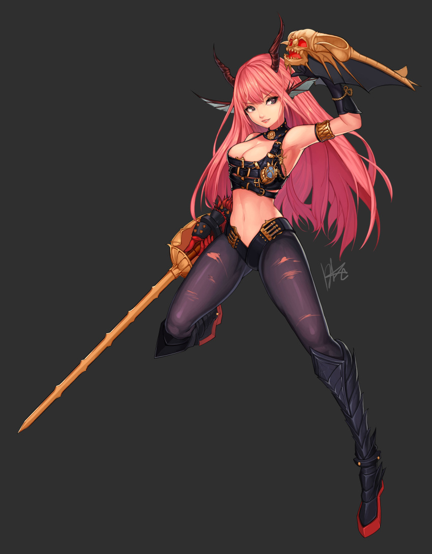1girl absurdres armpits breasts brown_eyes character_request cleavage dungeon_and_fighter elbow_gloves full_body gloves highres horns large_breasts lee_seok_ho long_hair looking_at_viewer midriff navel pantyhose parted_lips pink_hair signature skull smile solo sword torn_clothes torn_pantyhose weapon