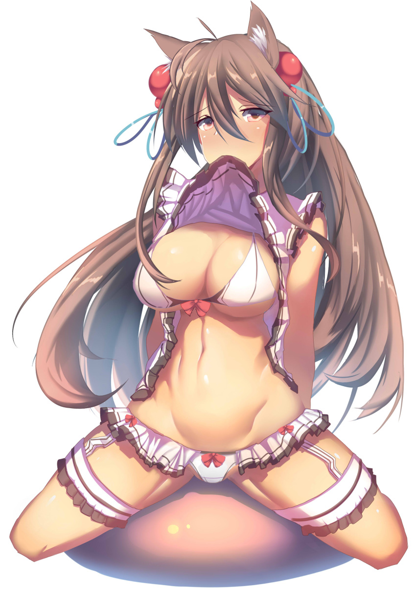 1girl absurdres ahoge animal_ears arms_behind_back bikini blush bow bow_bikini breasts brown_eyes brown_hair cat_ears cleavage clothes_in_mouth eyebrows_visible_through_hair frilled_legwear frills garter_straps hair_between_eyes hair_ornament highres lao_meng large_breasts lifted_by_self long_hair looking_at_viewer microskirt mouth_hold original red_bow showgirl_skirt simple_background skirt solo spread_legs swimsuit tan thigh_strap very_long_hair white_background white_bikini