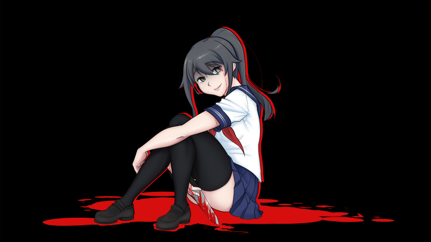 1girl black_eyes black_hair blood knife looking_at_viewer necktie plain_background ponytail school_uniform short_hair skirt solo stockings tagme thigh-highs wallpaper yandere-chan yandere_simulator