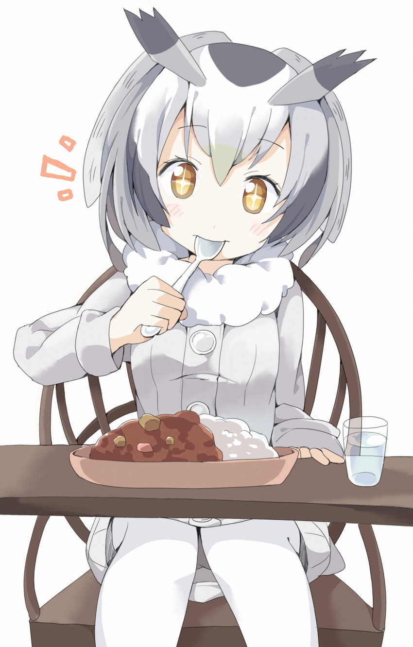 +_+ 1girl brown_eyes brown_hair buttons chair coat commentary_request curry curry_rice eating eyebrows_visible_through_hair food fur_collar fur_trim glass grey_hair hair_between_eyes head_tilt head_wings highres kemono_friends long_sleeves looking_at_viewer multicolored_hair northern_white-faced_owl_(kemono_friends) pantyhose rice short_hair sitting solo spoon spoon_in_mouth symbol-shaped_pupils table tantan_men_(dragon) white_background white_hair white_legwear wings