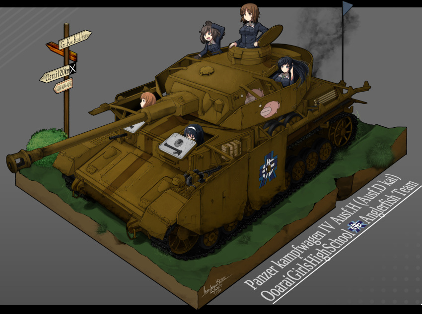 5girls akiyama_yukari anglerfish artist_name bangs black_gloves black_hair blue_jacket brown_eyes brown_hair closed_mouth commentary emblem english german girls_und_panzer gloves green_shirt grey_background ground_vehicle hairband hand_on_hip harumiya_hiro highres isuzu_hana jacket letterboxed light_smile long_hair long_sleeves messy_hair military military_uniform military_vehicle motor_vehicle multiple_girls nishizumi_miho ooarai_(emblem) ooarai_military_uniform open_mouth orange_eyes orange_hair panzerkampfwagen_iv raised_fist reizei_mako shirt short_hair signature smile smoke takebe_saori tank throat_microphone translation_request uniform white_hairband