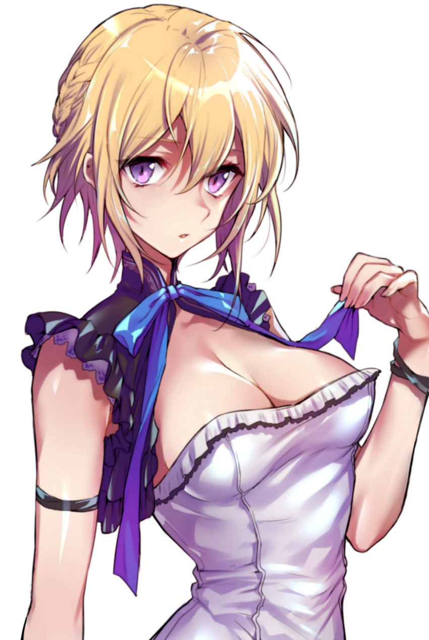 1girl :o blonde_hair bow breasts capelet cleavage highres lavender_hair maruchi original short_hair simple_background solo white_background