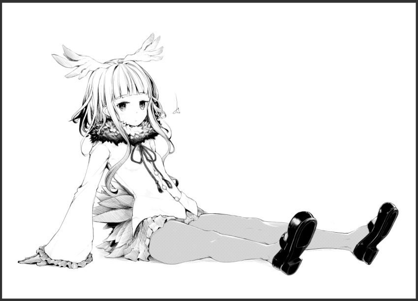 1girl bangs black_border blunt_bangs border buttons crested_ibis_(kemono_friends) full_body gloves greyscale head_wings kemono_friends leaning_back long_hair long_sleeves looking_at_viewer miniskirt mizusaki_(tengoku) monochrome pantyhose pleated_skirt shirt shoes sidelocks simple_background sitting skirt solo tail white_background