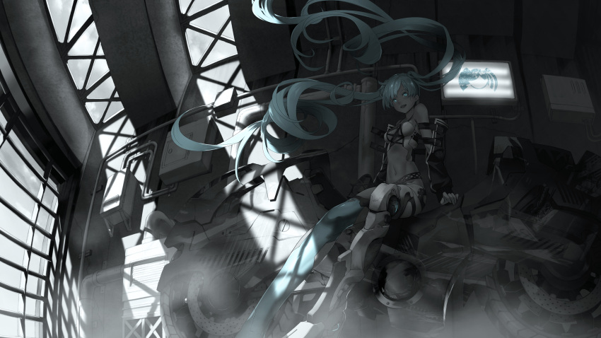 1girl absurdres aqua_eyes aqua_hair arm_support bare_shoulders breasts cleavage detached_sleeves groin hatsune_miku highres joints long_hair looking_at-v looking_to_the_side mechanical_legs mechanical_parts medium_breasts miya-ki_(miya_key) navel ruins smile solo television twintails vocaloid