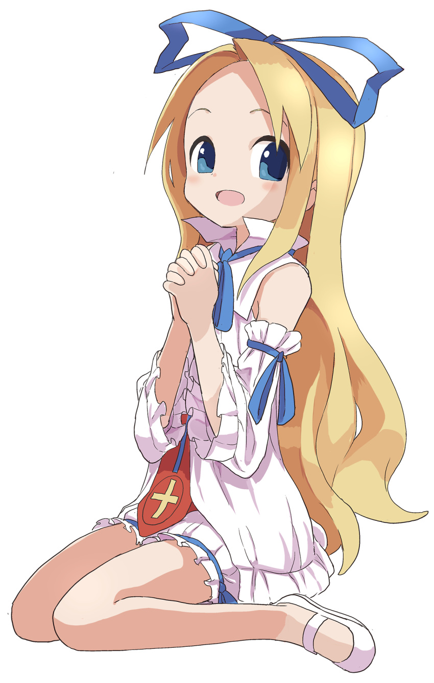 1girl :d bare_legs blonde_hair blue_eyes blue_ribbon copyright_request cross_print detached_sleeves disgaea dress flonne forehead frilled_sleeves frills hair_ribbon hands_clasped highres knees_together_feet_apart long_hair long_sleeves looking_at_viewer makai_senki_disgaea mary_janes no_socks open_mouth praying ribbon shoes simple_background sitting smile solo tareme very_long_hair wariza white_background white_dress white_shoes yamamoto_souichirou