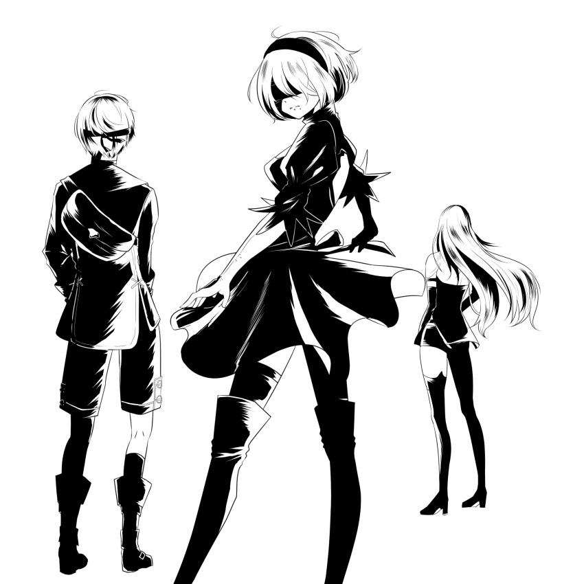 1boy 2girls android bag bare_shoulders black_clothes blindfold boots breasts dress full_body gloves greyscale hair_between_eyes highres juliet_sleeves long_hair long_sleeves mole mole_under_mouth monochrome multiple_girls nier_(series) nier_automata puffy_sleeves short_hair shorts thigh-highs thigh_boots white_background yorha_no._2_type_b yorha_no._9_type_s yorha_type_a_no._2