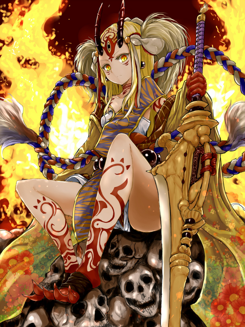 1girl azure_luna beads blonde_hair claws earrings expressionless facial_mark fate/grand_order fate_(series) highres holding holding_sword holding_weapon horns ibaraki_douji_(fate/grand_order) japanese_clothes jewelry kimono long_hair long_sleeves looking_at_viewer oni oni_horns prayer_beads rope shimenawa sitting skull solo sword tattoo weapon wide_sleeves yellow_eyes