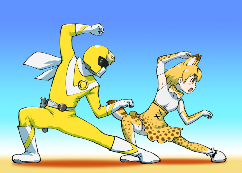 1boy 1girl animal_ears blonde_hair blue_background bodysuit bow brown_eyes cat_ears cat_tail color_connection crossover dress female helmet kemono_friends male pose scarf serval_(kemono_friends) serval_ears serval_print serval_tail short_hair simple_background super_sentai tail taiyou_sentai_sun_vulcan thigh-highs ueyama_michirou vul_panther white_scarf