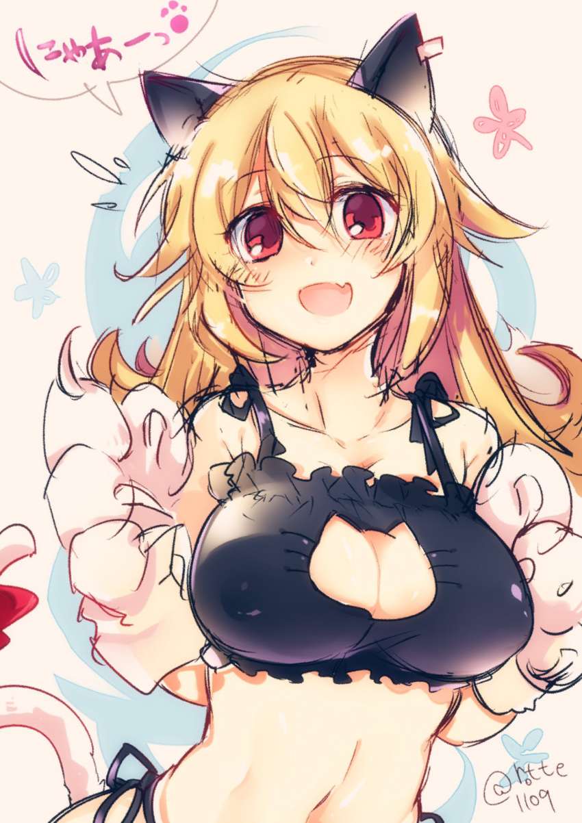 1girl animal_ears blonde_hair blush breasts cat_cutout cat_ears cat_lingerie cat_paws cat_tail cleavage cleavage_cutout fang highres large_breasts meme_attire navel open_mouth original panties paws red_eyes rotte_(1109) side-tie_panties sketch smile tail translated underwear