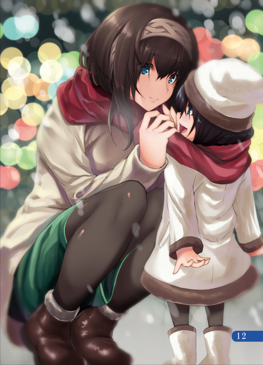 2girls absurdres black_hair black_legwear blue_eyes blurry bokeh depth_of_field eye_contact hairband highres idolmaster idolmaster_cinderella_girls long_hair looking_at_another mother_and_daughter multiple_girls murasame_nohito open_mouth page_number pantyhose sagisawa_fumika scarf shared_scarf smile squatting winter_clothes
