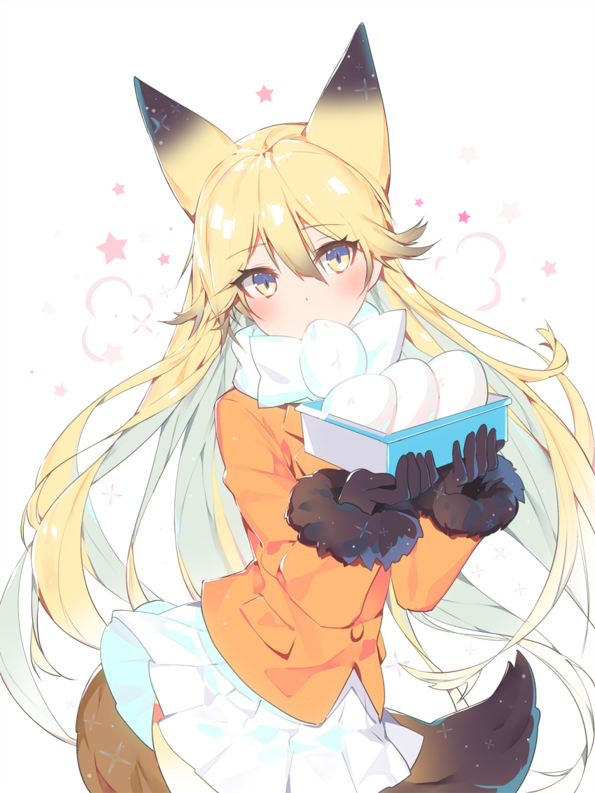 1girl animal_ears bangs baozi black_gloves blonde_hair bow buttons covered_mouth eyebrows_visible_through_hair ezo_red_fox_(kemono_friends) food fox_ears fox_tail fur_trim gloves hair_between_eyes hands_up highres holding jacket kemono_friends long_hair long_sleeves orange_hair orange_jacket orange_legwear pleated_skirt pocket ronopu scarf simple_background skirt solo standing tail upper_body very_long_hair white_bow white_scarf white_skirt yellow_eyes