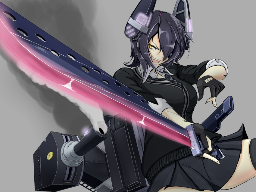 1girl breasts checkered checkered_necktie eyepatch fingerless_gloves gloves greyscale headgear highres kantai_collection large_breasts looking_at_viewer monochrome necktie open_mouth partly_fingerless_gloves pleated_skirt purple_hair school_uniform short_hair skirt solo sword tenryuu_(kantai_collection) thigh-highs weapon yellow_eyes