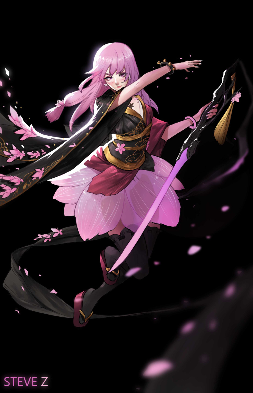 1girl absurdres artist_name bangs black_background black_legwear blush bracelet breasts cherry_blossoms closed_mouth collarbone commentary earrings eyebrows_visible_through_hair fingernails floral_print flower flower_earrings hands_up highres holding holding_sword holding_weapon japanese_clothes jewelry kimono kimono_skirt layered_clothing layered_kimono leaf leaf_skirt long_fingernails long_hair looking_at_viewer low_tied_hair nail_polish necklace obi original personification petals pink_hair pink_nails sandals sash simple_background skirt smile solo steve_zheng sword tassel thigh-highs violet_eyes weapon wide_sleeves