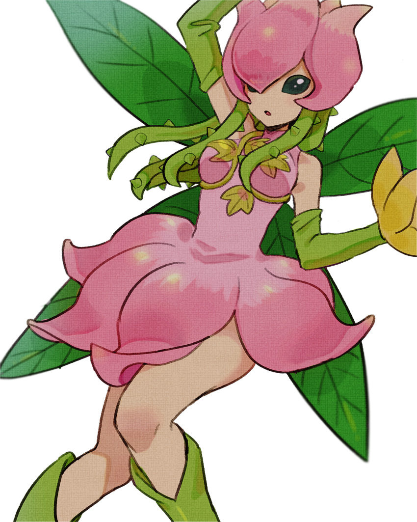 1girl :o absurdres boots breasts digimon digimon_(creature) digimon_adventure dress elbow_gloves gloves green_eyes green_footwear green_gloves highres knee_boots lillymon medium_breasts monster_girl open_mouth pink_dress plant plant_girl raichi274 solo vines white_background