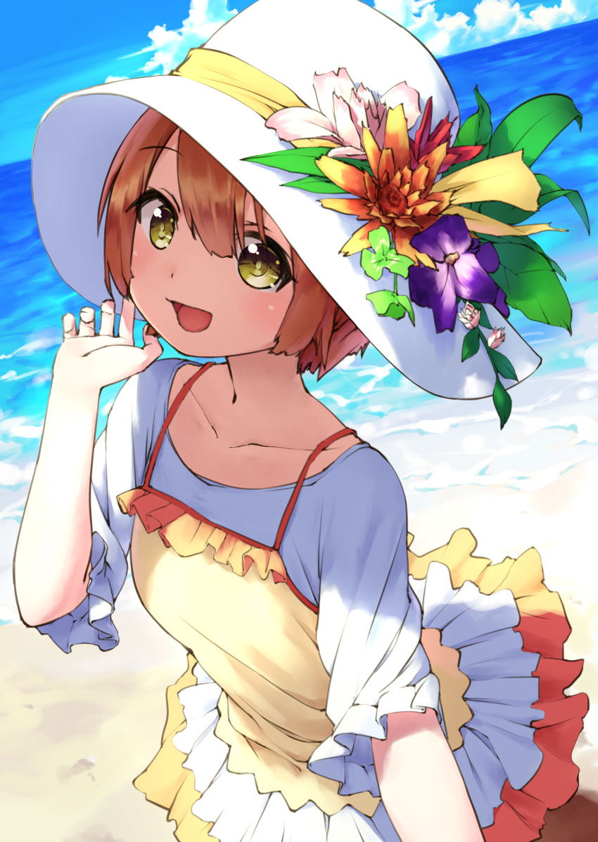 1girl :d absurdres beach blue_sky brown_hair clouds flower frilled_skirt frilled_sleeves frills hat hat_flower hat_leaf hat_ribbon highres hoshizora_rin looking_at_viewer love_live! ocean okarin_(tennisofoka) open_mouth orange_flower outdoors pink_flower purple_flower ribbon shaded_face shirt short_hair short_sleeves skirt sky smile solo spaghetti_strap white_hat white_shirt white_skirt yellow_eyes yellow_ribbon