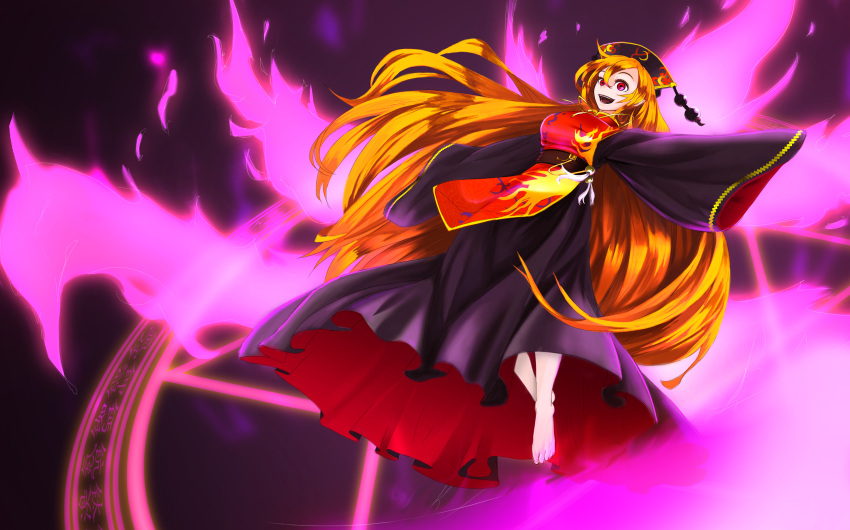 1girl :d chinese_clothes floating full_body hat highres hiragana_(gomasyabu) junko_(touhou) long_hair magic_circle multiple_tails open_mouth orange_hair red_eyes sash sleeves_past_wrists smile solo tabard tail touhou very_long_hair