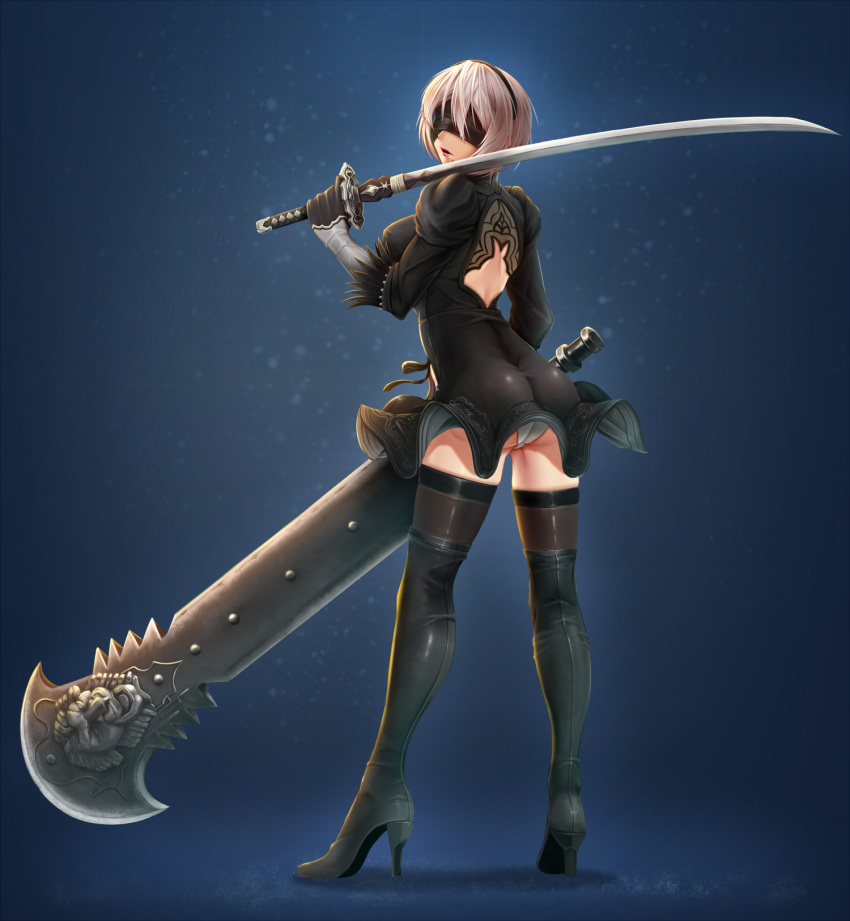1girl ass bangs black_boots black_dress black_hairband black_ribbon blindfold boots breasts broadsword brown_gloves brown_legwear chains covered_eyes dress dual_wielding from_behind full_body gloves greatsword hair_over_eyes hairband hand_up high_heel_boots high_heels highres holding holding_sword holding_weapon huge_weapon juliet_sleeves katana large_breasts legs_apart long_sleeves looking_at_viewer looking_back medium_breasts mole mole_under_mouth nier_(series) nier_automata oldlim open-back_dress open_mouth over_shoulder panties pantyshot pantyshot_(standing) pink_lips puffy_sleeves ribbed_dress ribbon short_dress short_hair shoulder_blades silver_hair solo standing sword thigh-highs thigh_boots thighs twisted_neck underwear upskirt vambraces weapon weapon_over_shoulder white_panties wind wind_lift yorha_no._2_type_b