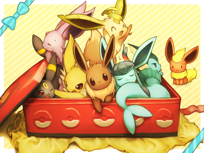 :&lt; :3 :d :p ^_^ ^o^ black_eyes blue_bow bow box brown_eyes closed_eyes closed_mouth diagonal_stripes eevee espeon flareon fuchsia glaceon highres in_box in_container jitome jolteon leafeon looking_at_viewer no_humans open_mouth poke_ball_print pokemon pokemon_(creature) red_eyes scratching sitting sleeping smile solid_oval_eyes striped striped_background sylveon teardrop tongue tongue_out umbreon vaporeon violet_eyes
