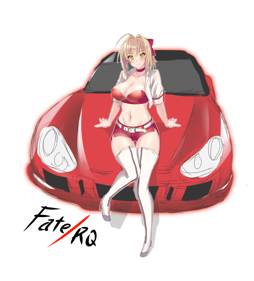 1girl ahoge arm_support belt blonde_hair blush boots bow breasts bustier car choker cleavage fate/extra fate_(series) full_body green_eyes ground_vehicle hair_bow hair_intakes highres large_breasts looking_at_viewer motor_vehicle navel racequeen red_shorts saber_extra short_hair short_shorts shorts sitting smile thigh-highs thigh_boots wing_(wingxx01w) zipper