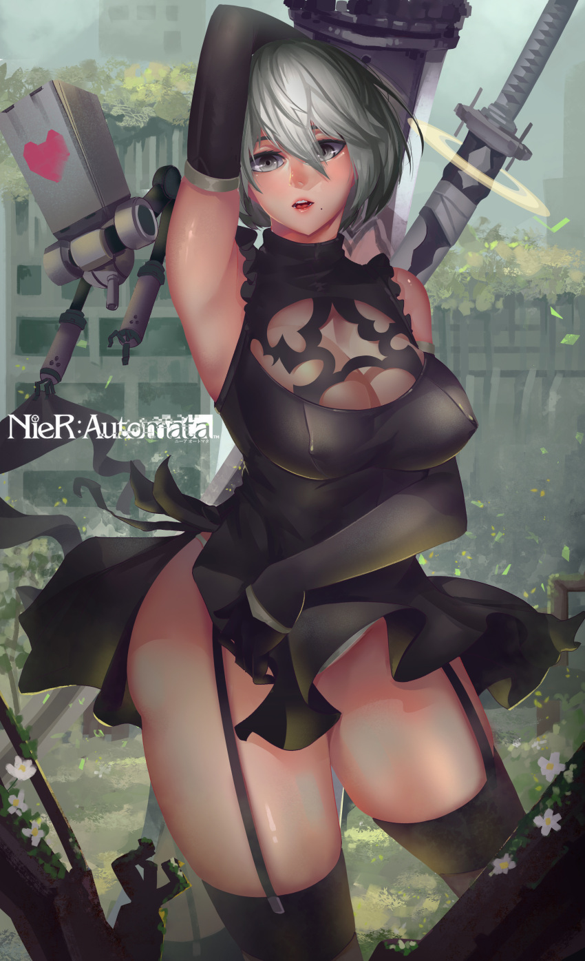 1girl absurdres arm_up armpits black_dress black_gloves black_legwear breasts building cleavage contrapposto copyright_name ctrlz77 detached_sleeves dress erect_nipples flower garter_straps gloves grey_eyes hair_between_eyes hair_over_one_eye hand_behind_head head_tilt highres looking_at_viewer medium_breasts mole mole_under_mouth nier_(series) nier_automata parted_lips plant pod_(nier_automata) robot short_hair sleeveless sleeveless_dress sleeves_past_wrists solo sword thigh-highs thighs weapon white_hair yorha_no._2_type_b