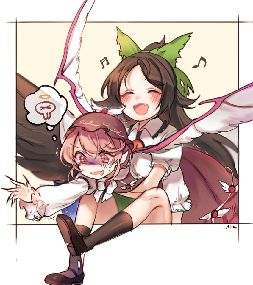 2girls :d ^_^ animal_ears beamed_semiquavers beige_background bird_wings black_hair black_wings blush bow brown_dress brown_hat brown_shoes cape closed_eyes collared_shirt crying crying_with_eyes_open dress fangs frilled_shirt_collar frills green_bow green_skirt hair_bow half_updo hat highres hug juliet_sleeves long_hair long_sleeves multiple_girls musical_note mystia_lorelei open_mouth pink_hair puffy_long_sleeves puffy_short_sleeves puffy_sleeves quaver red_eyes reiuji_utsuho shirt shoe_soles shoes short_sleeves sitting skirt skull smile spoken_skull tears third_eye thought_bubble tis_(shan0x0shan) touhou white_shirt white_wings winged_hat wings