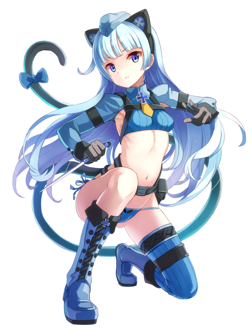 1girl animal_ears armpits asymmetrical_legwear black_gloves black_hairband blue_boots blue_bow blue_eyes blue_hair blue_hat blue_legwear blue_panties boots bow breasts cat_ears cat_tail character_request crop_top fake_animal_ears floating_hair gloves gluteal_fold hairband hat highres holding holding_knife knife long_hair looking_at_viewer midriff navel one_knee panties parted_lips side-tie_panties small_breasts solo stomach tail tail_bow thigh-highs transparent_background underwear very_long_hair
