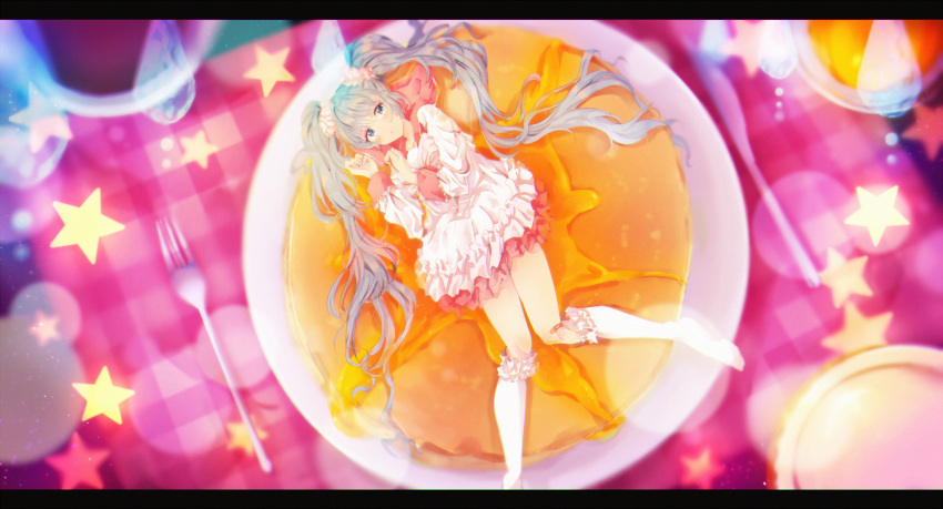 1girl aqua_eyes aqua_hair blurry boots crystal dress food fork frilled_dress frills hatsune_miku highres knee_boots knees_together_feet_apart knife letterboxed lying minigirl najuco_(naju0517) on_back pancake plate pouty_lips scrunchie short_dress solo star twintails vocaloid white_dress
