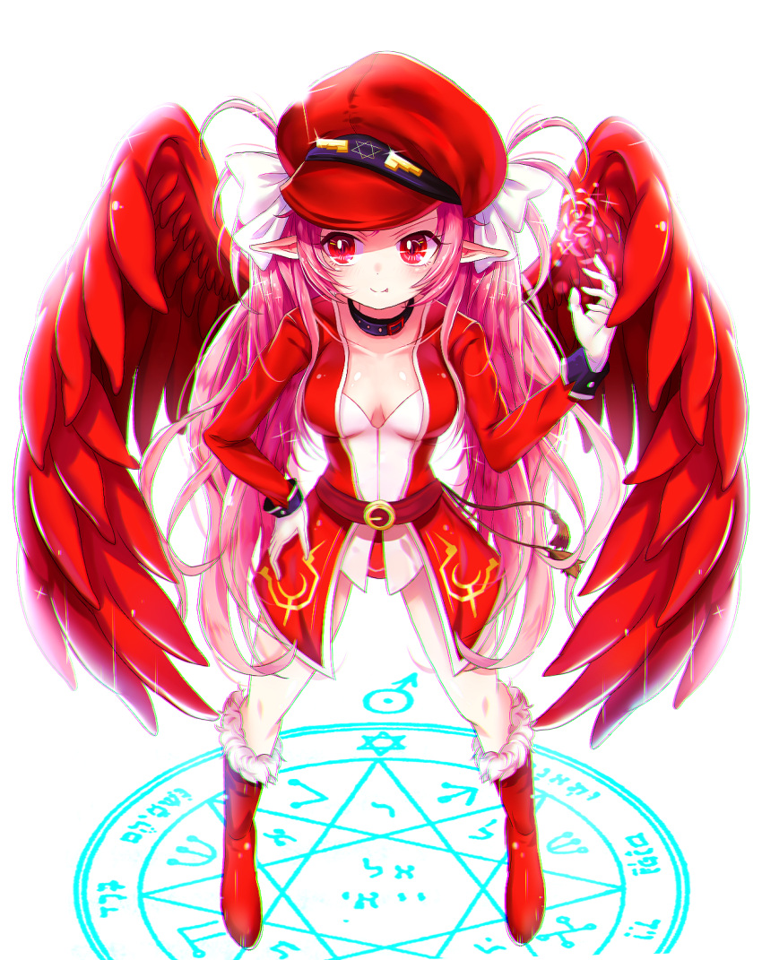 1girl belt blush boots bow breasts choker cleavage elf fang feathered_wings full_body gloves hair_bow hand_on_hip hat highres long_hair long_sleeves original pink_hair pointy_ears red_boots red_eyes red_wings runes smile solo spread_legs ssumbi standing twintails uniform very_long_hair white_bow white_gloves wings