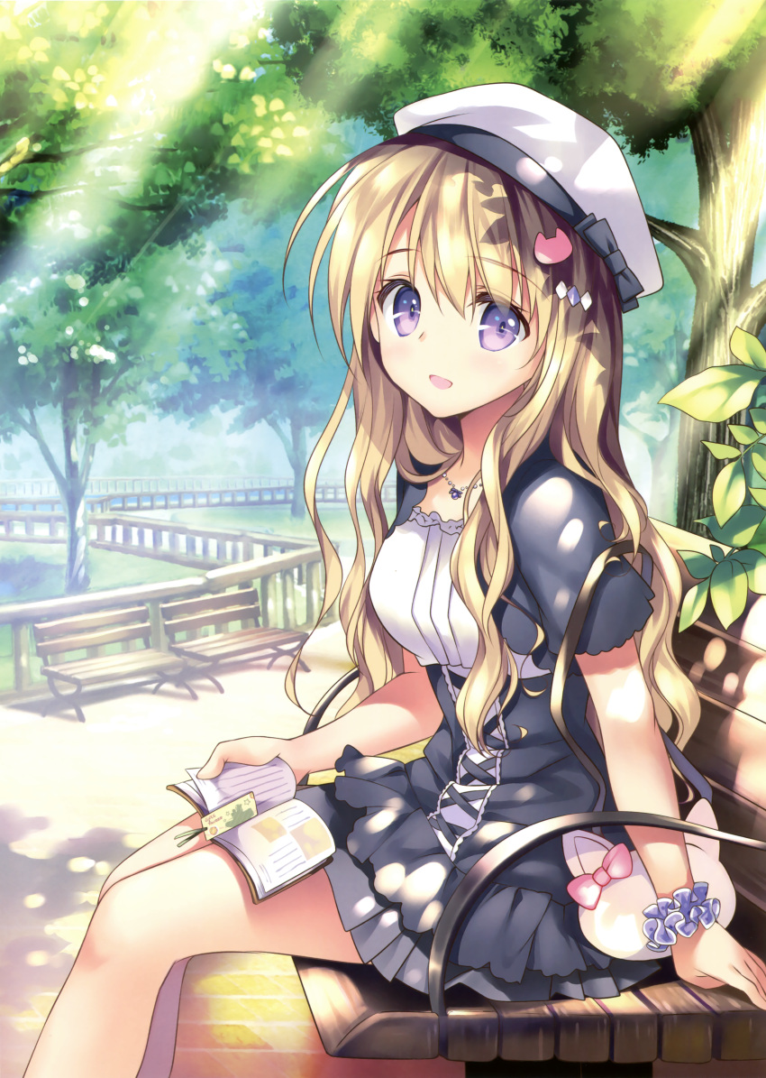 1girl absurdres black_bow blonde_hair book book_on_lap bow cat_hair_ornament dress eyebrows_visible_through_hair hair_ornament hat highres hinata_momo long_hair looking_at_viewer nacklace open_book original outdoors pink_bow scrunchie sitting solo tree violet_eyes white_hat wrist_scrunchie