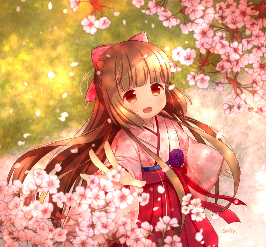 1girl blush bow brown_eyes brown_hair cherry_blossoms hair_bow hakama idolmaster idolmaster_cinderella_girls idolmaster_cinderella_girls_starlight_stage japanese_clothes long_hair looking_at_viewer open_mouth ponytail sally_(pacch0614) solo very_long_hair yorita_yoshino