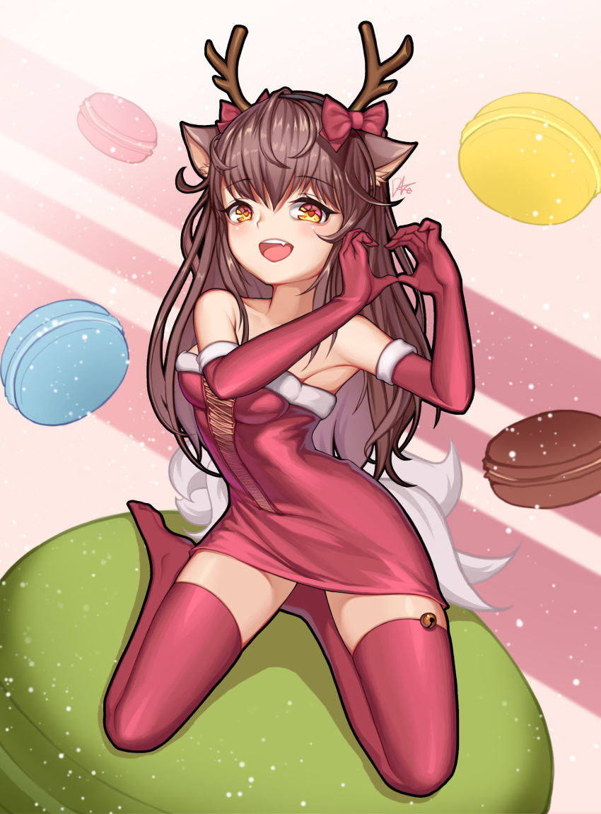 1girl absurdres ahri antlers bow breasts brown_hair elbow_gloves eyebrows_visible_through_hair fang food gloves heart heart_hands highres large_breasts league_of_legends lee_seok_ho long_hair looking_at_viewer macaron open_mouth red_bow red_legwear smile solo thigh-highs