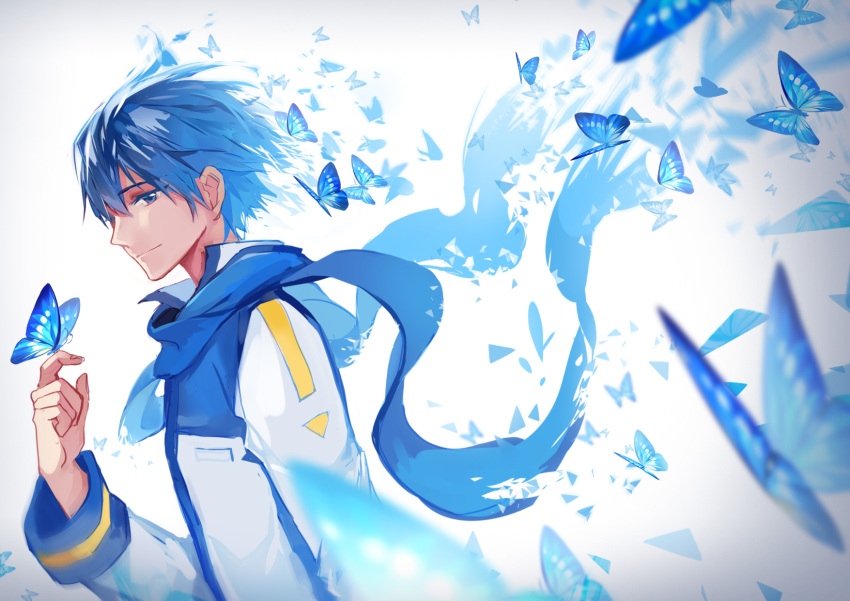 1boy bangs blue blue_eyes blue_hair blue_scarf butterfly_on_hand feng_you highres kaito long_sleeves male_focus scarf smile vocaloid